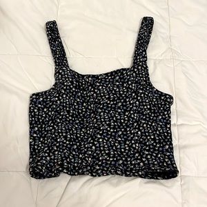 American Eagle Blue Floral Cropped Tank With Thick Straps, Ribbed